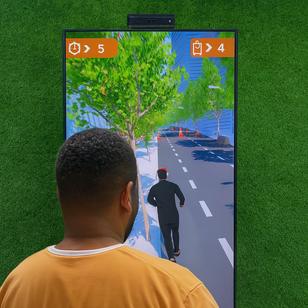 Player enjoying a motion runner game in Dubai, using full-body movement to jump and dodge obstacles. Interactive game rental